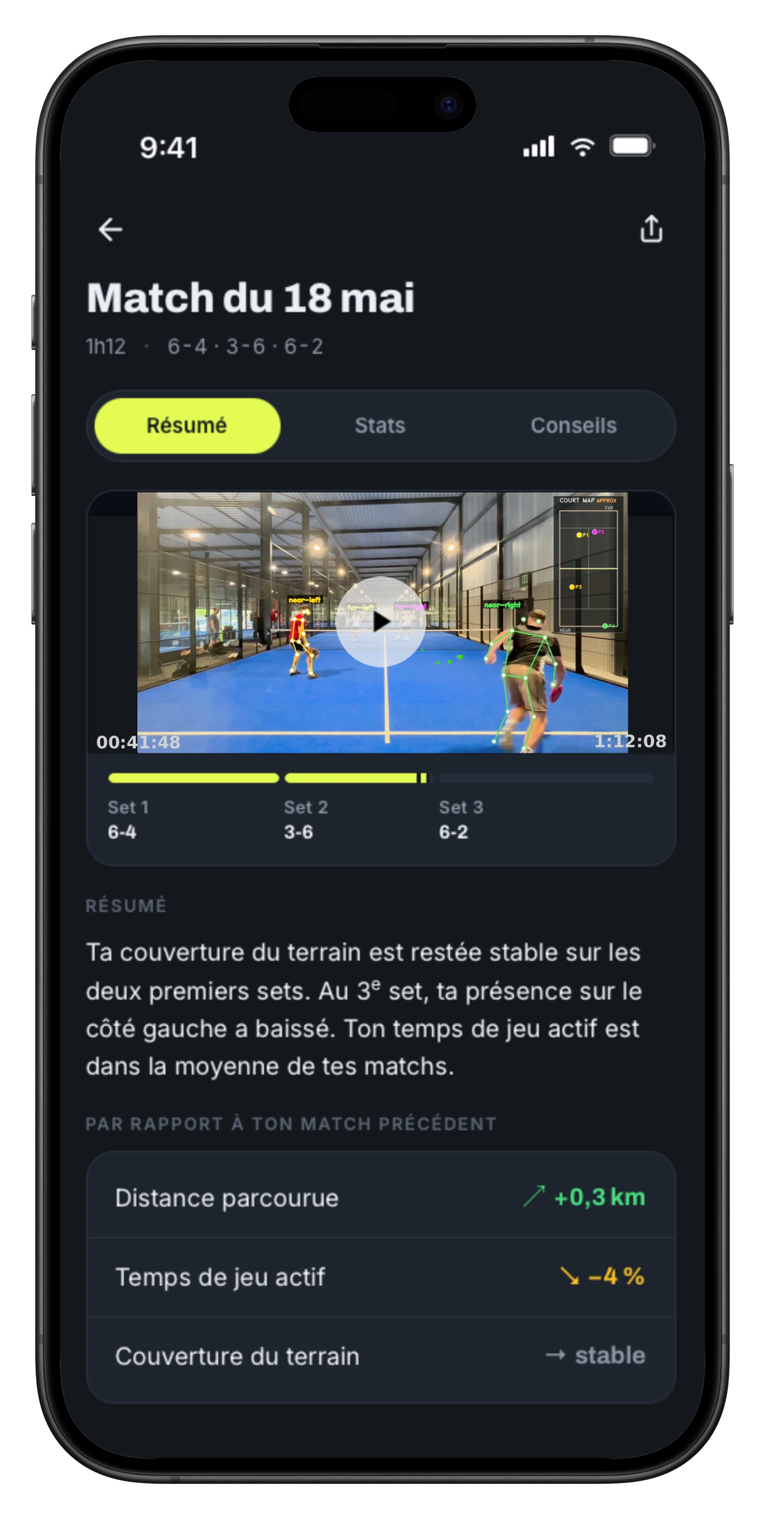 Écran d'analyse Kanchara : résumé du match avec vidéo, sets et statistiques