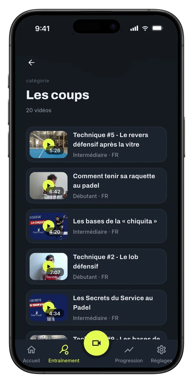 Écran d'entraînement Kanchara : exercices vidéo recommandés selon ton jeu
